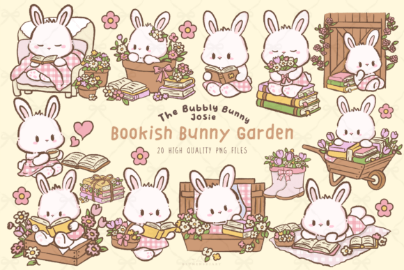 Download Kawaii Bookish Bunny Garden Clipart - Premium Bundle